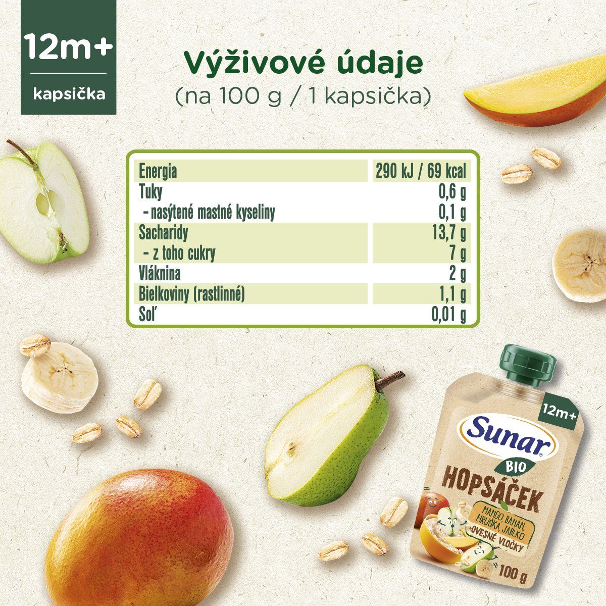 Sunar BIO ovocná kapsička Hopsáček mango, banán, hruška a ovsené vločky 100 g
