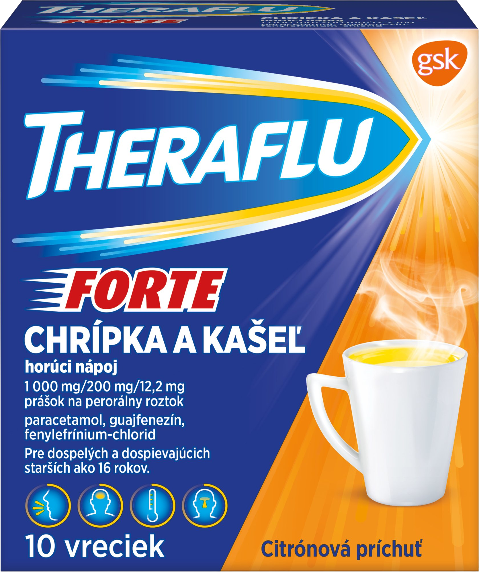 Theraflu Chrípka a kašel, horúci nápoj, 1000mg paracetomolu, 10 kusov