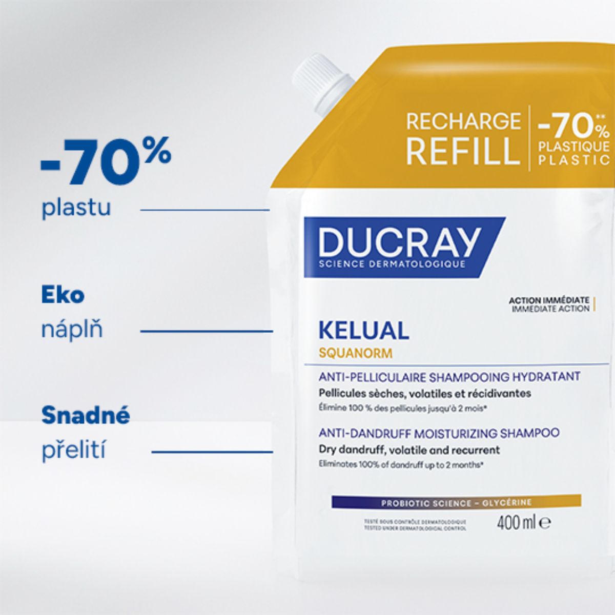 Ducray Kelual Squanorm Hydratačný šampón proti suchým lupinám náplň 400 ml