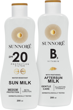 Sunnoré Duo balenie – Opaľovacie mlieko SPF 20 + Mlieko po opaľovaní 2 x 200 ml
