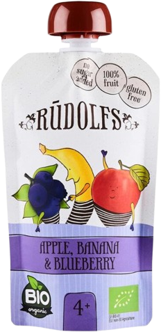 Rudolfs BIO vrecko jablko, banán, čučoriedka 110 g