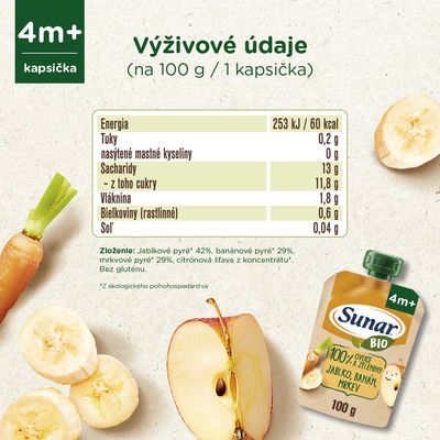 Sunar BIO ovocná kapsička jablko, banán, mrkva 4m+ 100 g