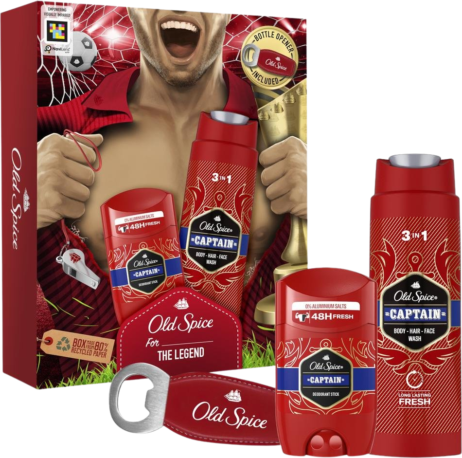Old Spice Footballer darčeková sada s tuhým dezodorantom 50ml, sprchovým gélom Captain 250ml + otvárač