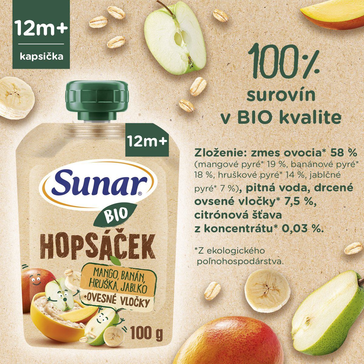 Sunar BIO ovocná kapsička Hopsáček mango, banán, hruška a ovsené vločky 100 g