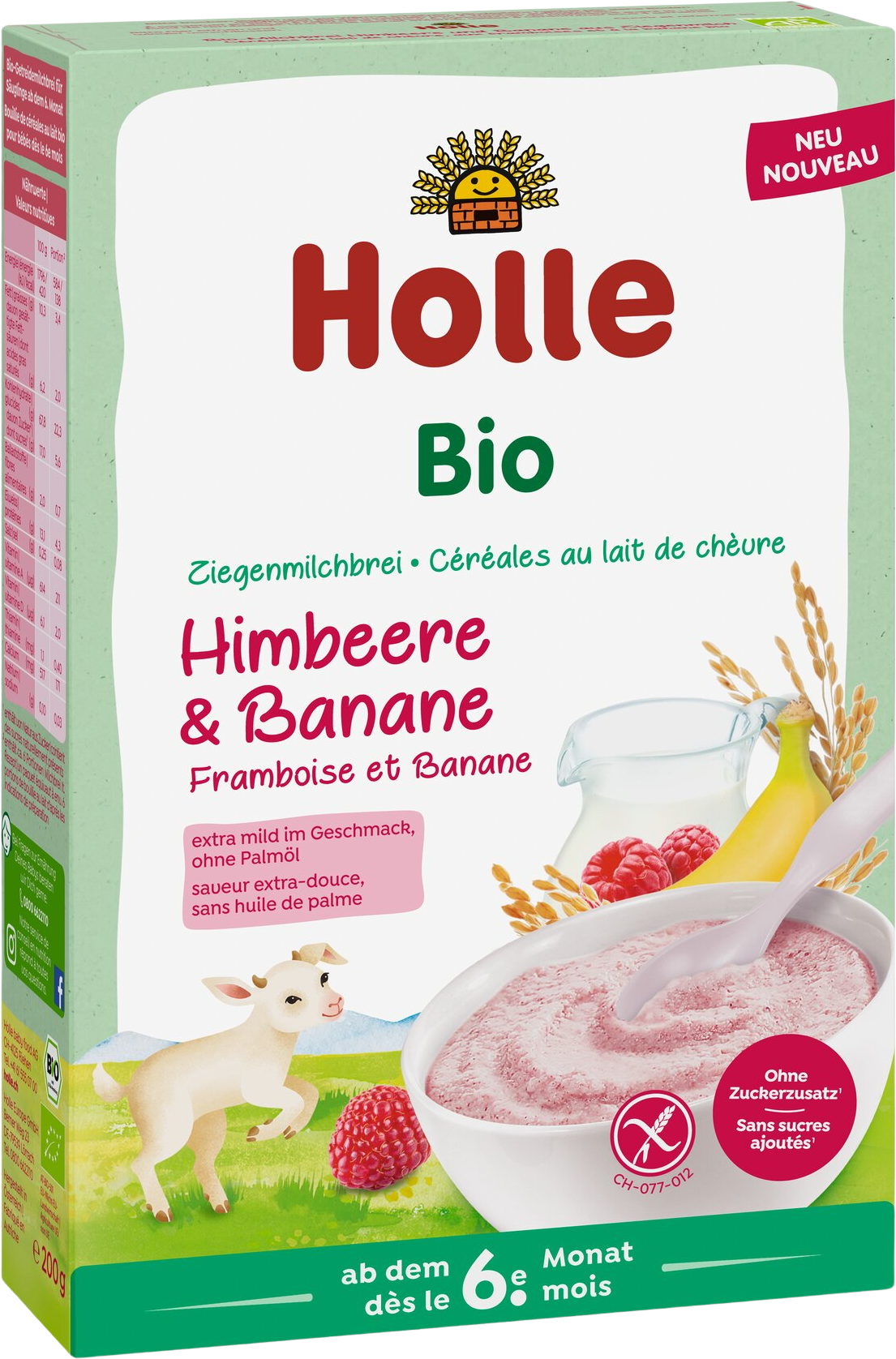 Holle bio kaša s kozím mliekom, malinami a banánom 200 g