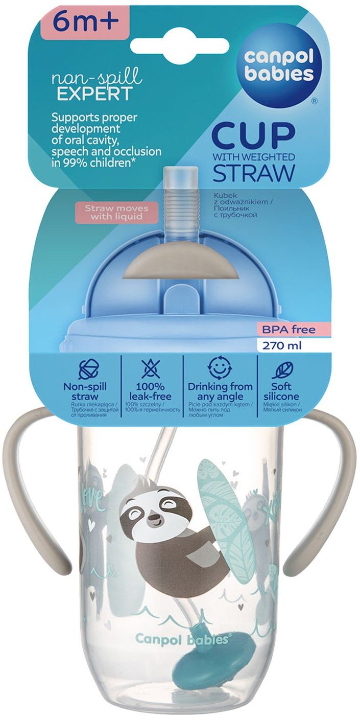 Canpol babies Exotic Animals nevylievací hrnček so slamkou a závažím sivý 270 ml