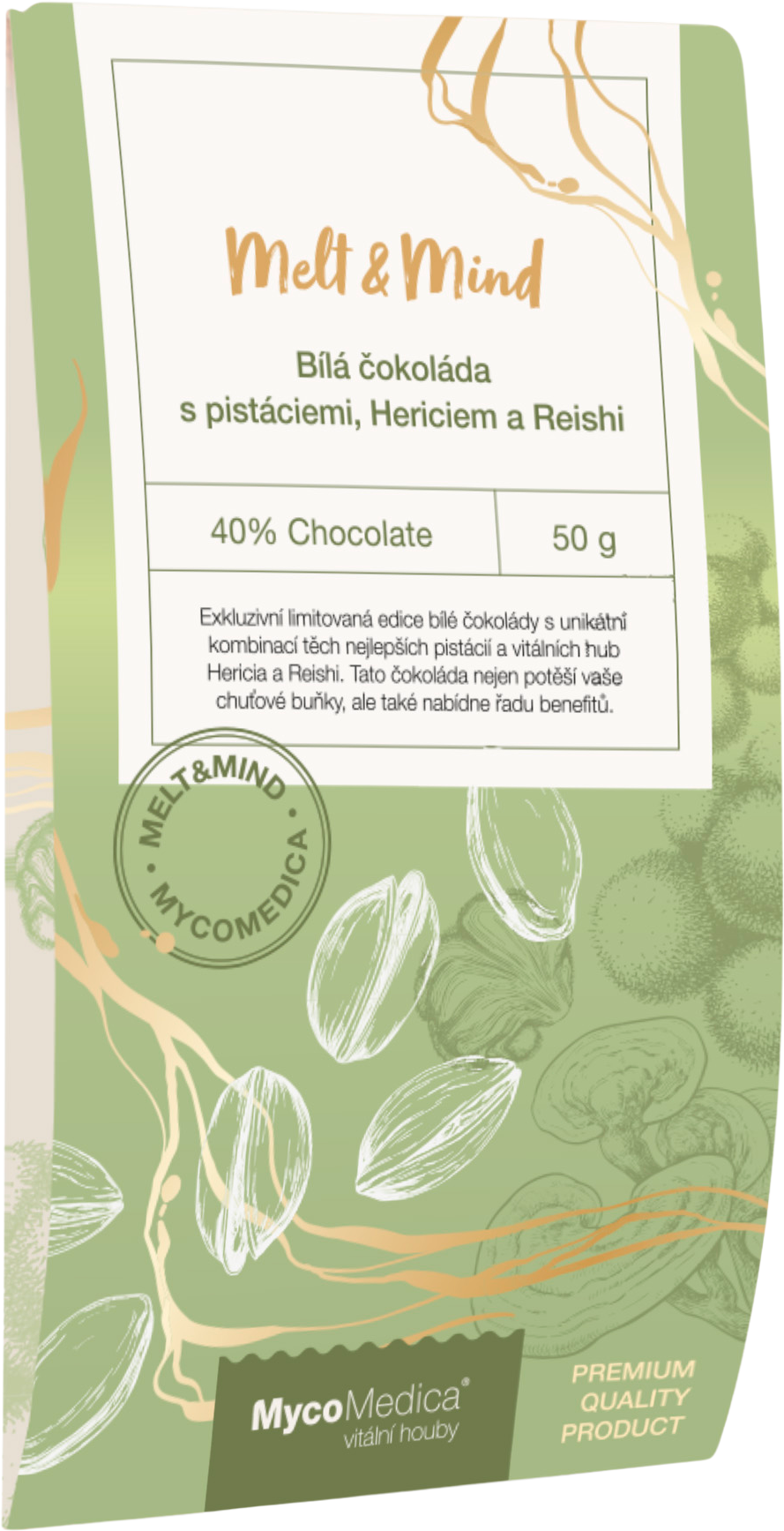 MycoMedica Biela čokoláda s pistáciami, Hericiem a Reishi 50 g