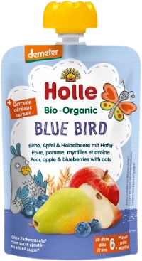 Holle Organické pyré Blue bird, hrušky, jablká a čučoriedky s vločkami 100 g