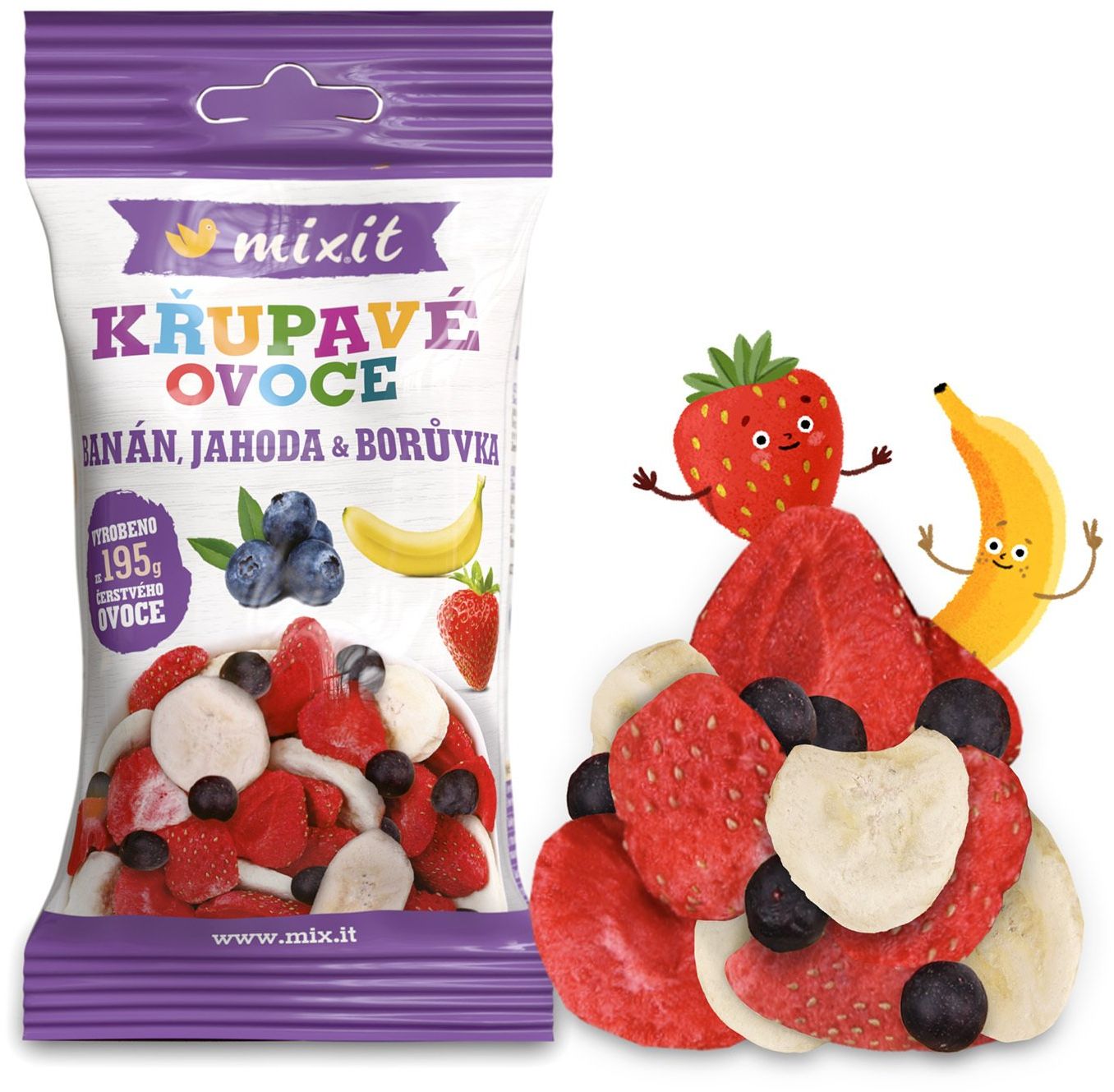 Mixit Chrumkavé ovocie do vrecka - Chrumkavý banán, jahoda, čučoriedka 5 ks