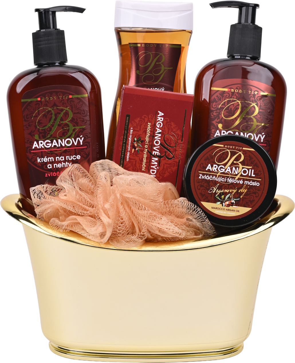 Vivaco Darčekové balenie argan sprchový olej + telový balzam + krém na ruky + telové maslo + tuhé mydlo + darček