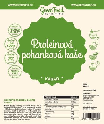 GreenFood Nutrition Proteínová pohánková bezlepková kaša Kakao 500 g