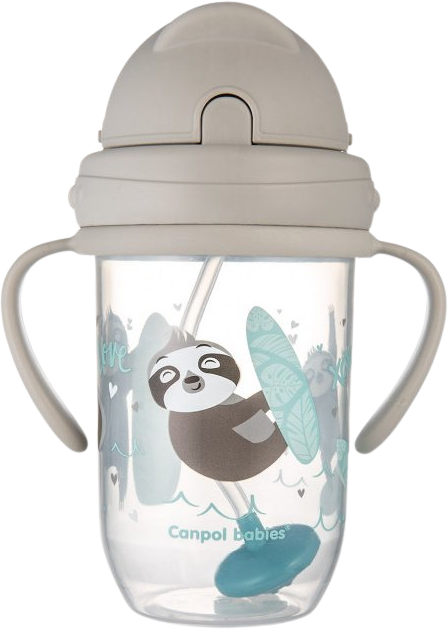 Canpol babies Exotic Animals nevylievací hrnček so slamkou a závažím sivý 270 ml