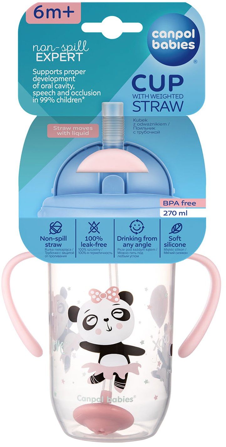 Canpol babies Exotic Animals nevylievací hrnček so slamkou a závažím ružový 270 ml