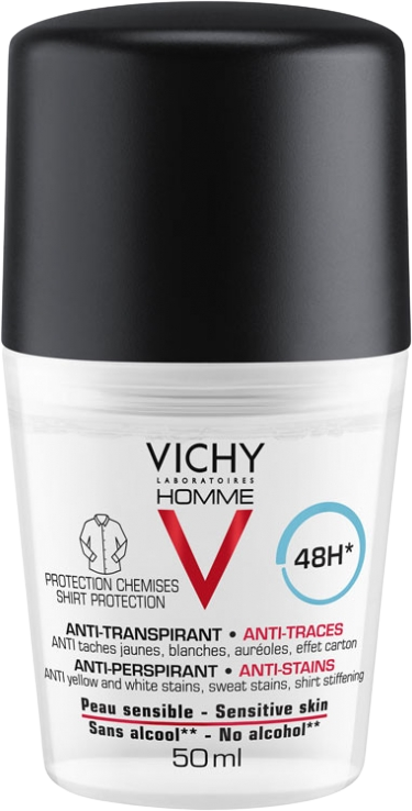 Vichy Homme Deo roll-on proti škvrnám 48H antiperspirant na citlivú pokožku 50 ml