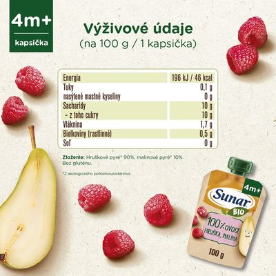 Sunar BIO ovocná kapsička hruška, malina 4m+ 100 g