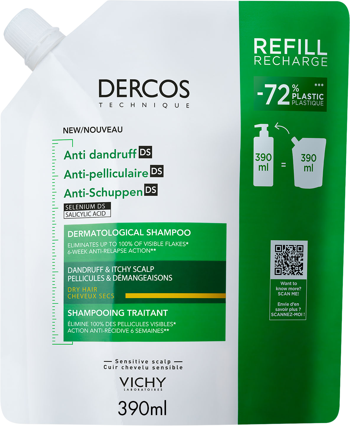 Vichy DERCOS Šampón proti lupinám so SELENÍM DS pre suché vlasy - náhradná náplň 390 ml