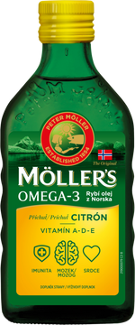 Möllers Omega 3 Rybí olej, Citrónová príchuť z pečene tresiek 250 ml
