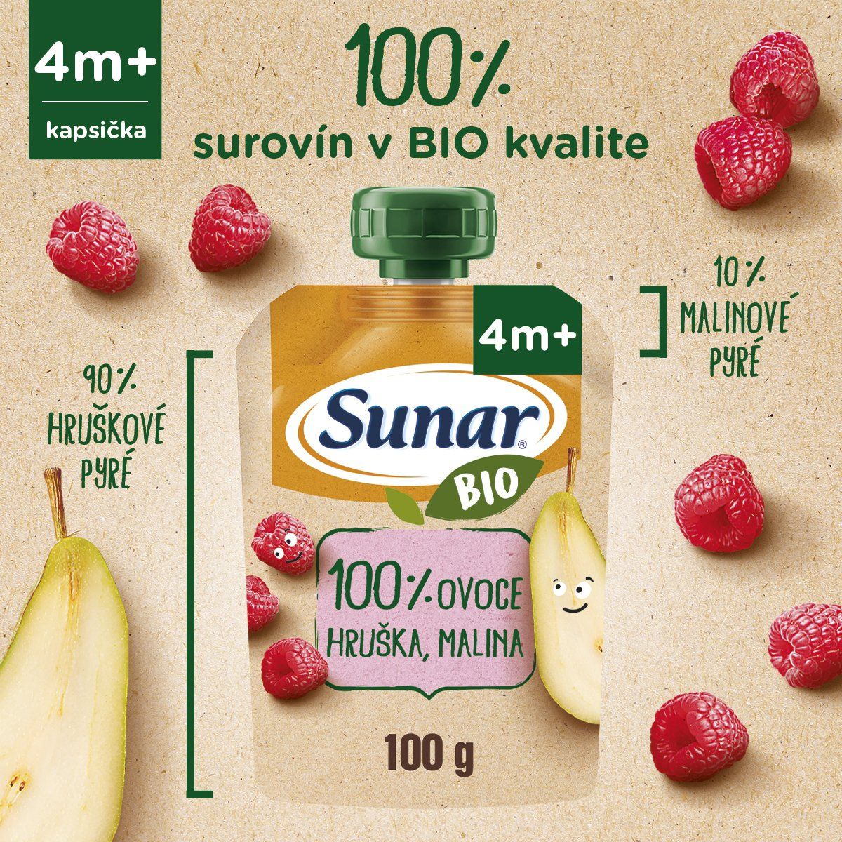 Sunar BIO ovocná kapsička hruška, malina 4m+ 100 g