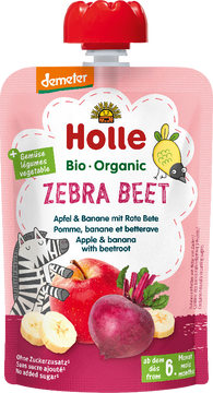 Holle Zebra Bee Bio ovocné pyré jablko, banán a červená repa vslovenčine znie: Zebra Bee Bio ovocné pyré jablko, banán a červe 100 g