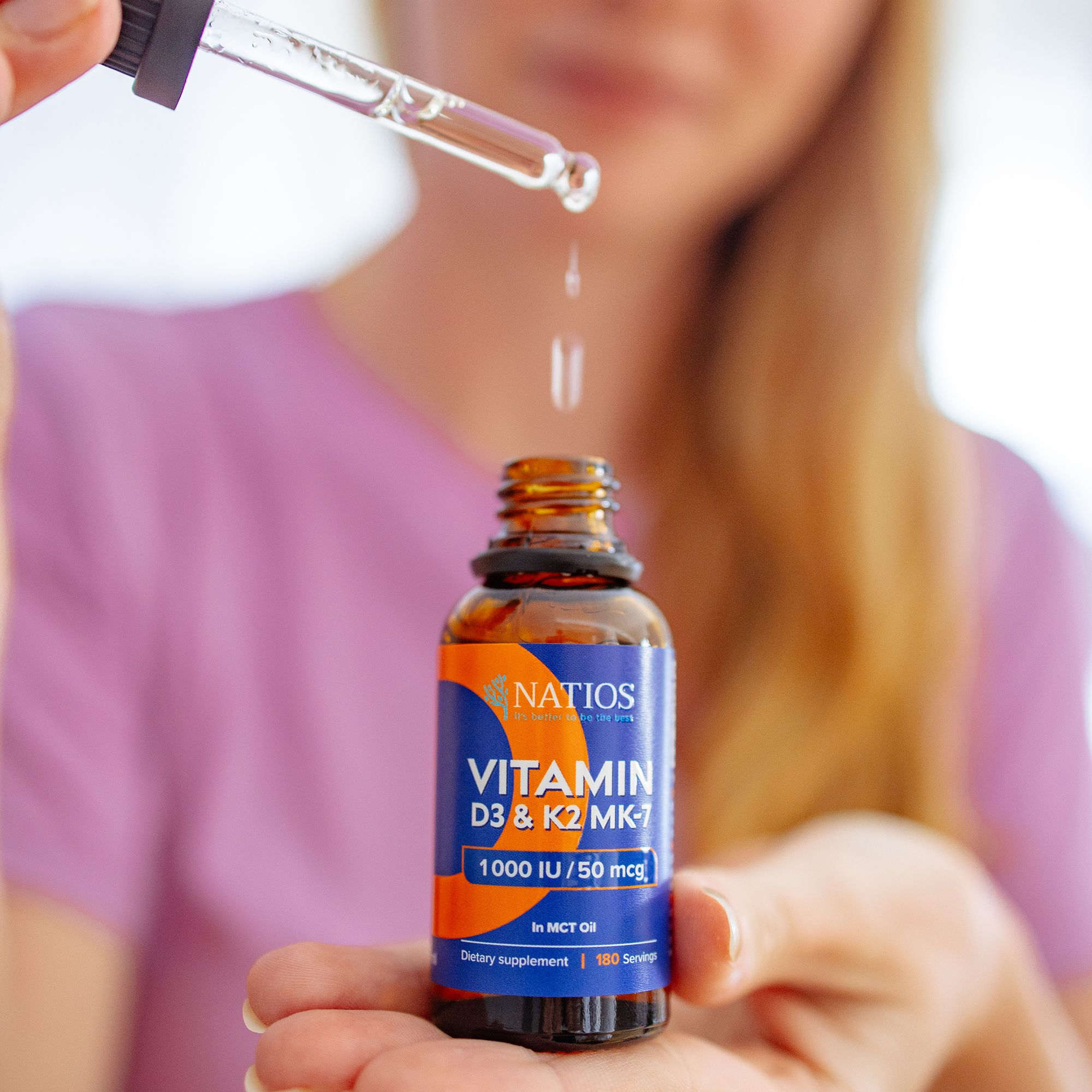 Natios Vegán Vitamín D3 & K2 (MK-7), 1000 IU & 50 mcg, Kvapky v MCT oleji 30 ml