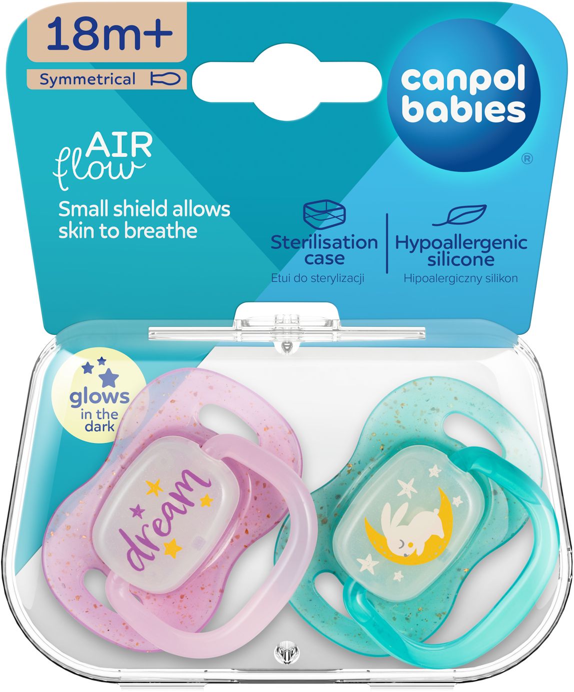 Canpol babies Cumlík svietiaci silikónový simetrický NIGHTGLOW 18m+ dievča 2 ks