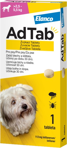 AdTab 112 mg Žuvacie tablety, hmotnosť psa > 2,5–5,5 kg