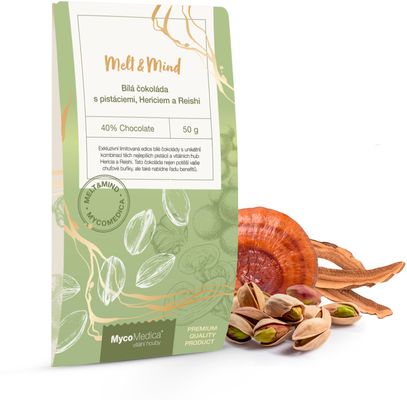 MycoMedica Biela čokoláda s pistáciami, Hericiem a Reishi 50 g