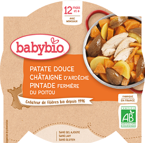 Babybio menu sladké zemiaky s gaštanovým pyré a farmárskou perličkou 230 g