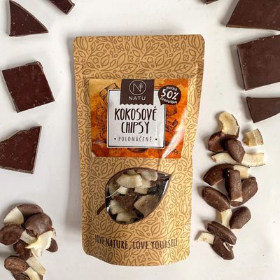 Natu Kokosové chipsy polomáčané 50% horká čokoláda 140 g
