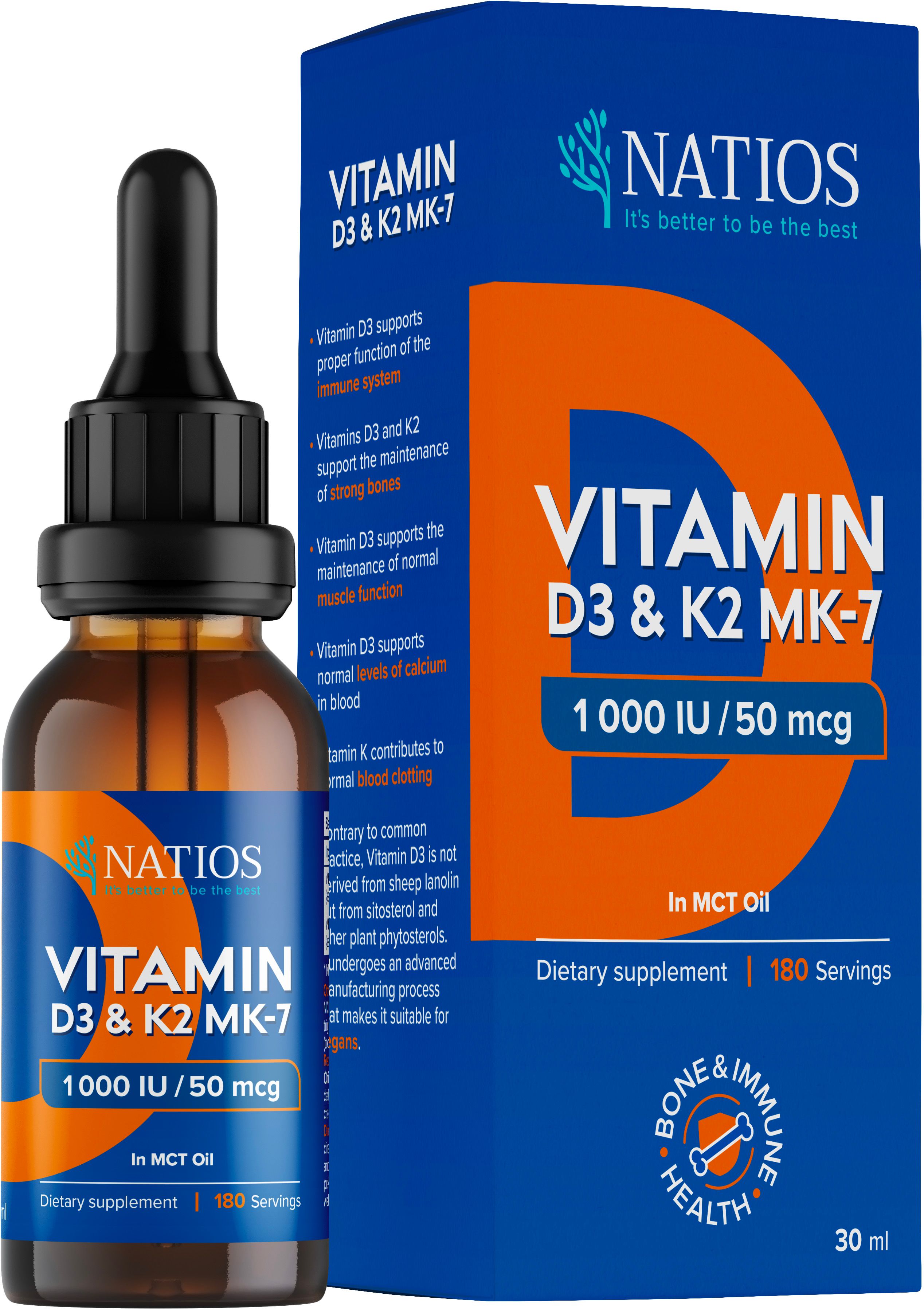 Natios Vegán Vitamín D3 & K2 (MK-7), 1000 IU & 50 mcg, Kvapky v MCT oleji 30 ml
