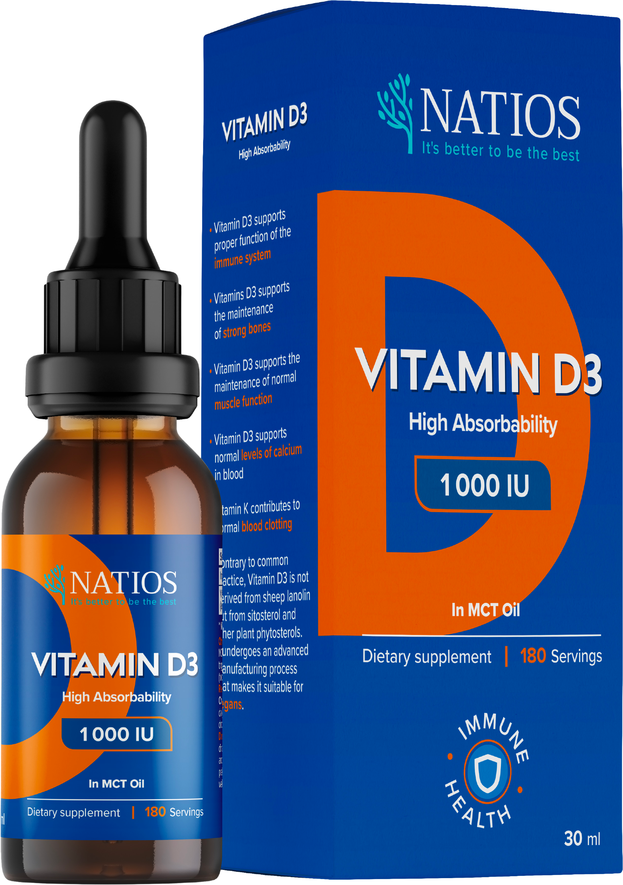 Natios Vegan Vitamín D3, 1000 IU, Kvapky v MCT oleji 30 ml