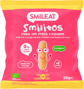 Smileat BIO kukuričné chrumky banán a jahoda s panenským olivovým olejom a vitamínom B1 8M+ 25 g