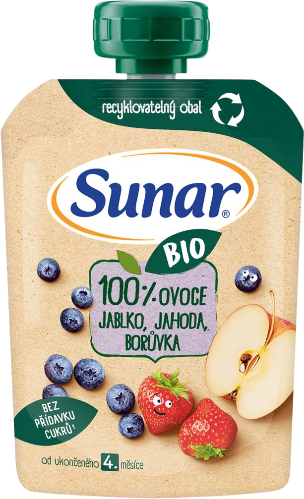 Sunar BIO ovocná kapsička jablko, jahoda, čučoriedka 4m+ 100 g