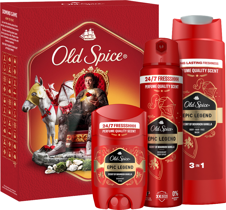 Old Spice Epic Legend Knight, Darčeková sada - tuhý dezodorant, deodorant v spreji a sprchový gél + hra
