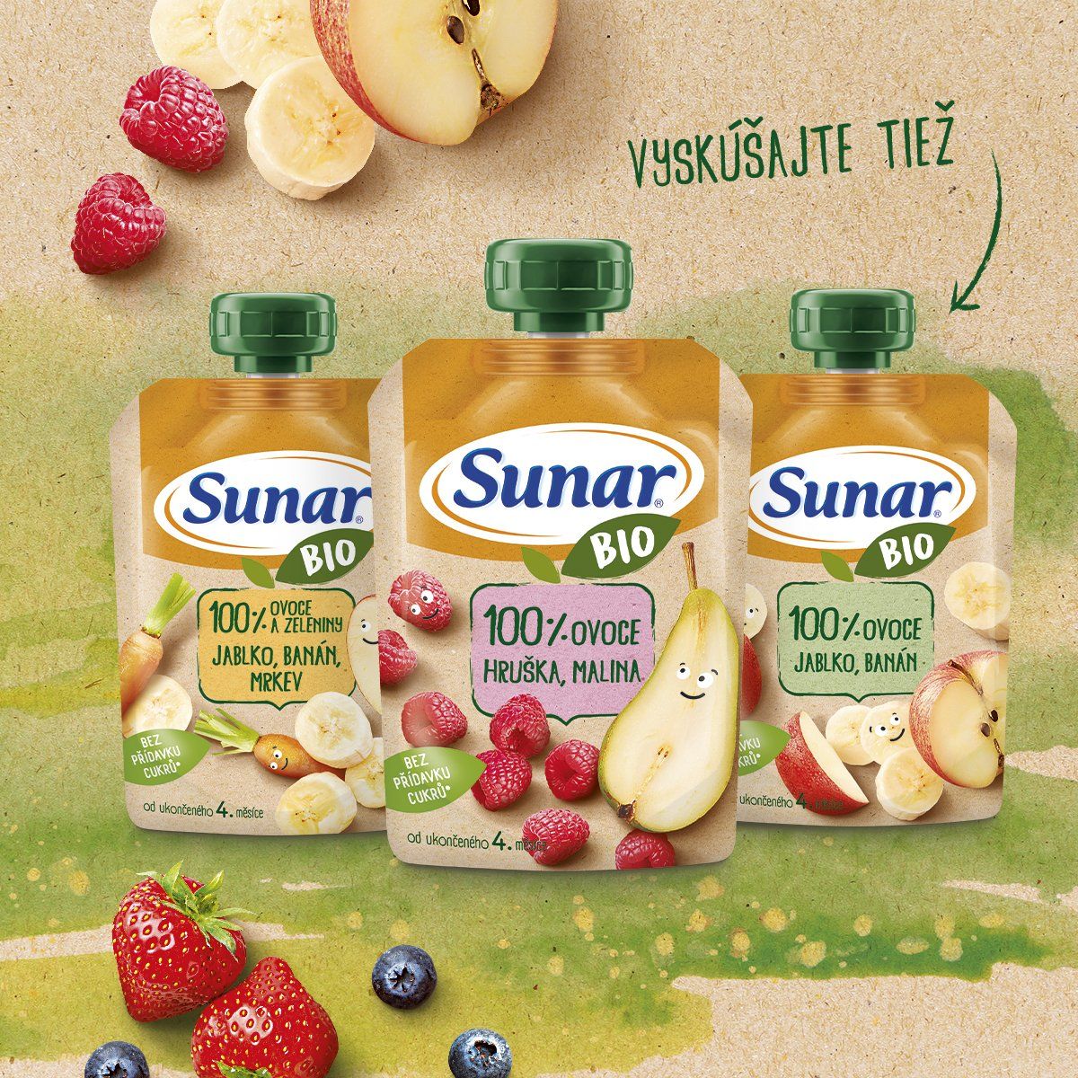 Sunar BIO ovocná kapsička jablko, jahoda, čučoriedka 4m+ 100 g