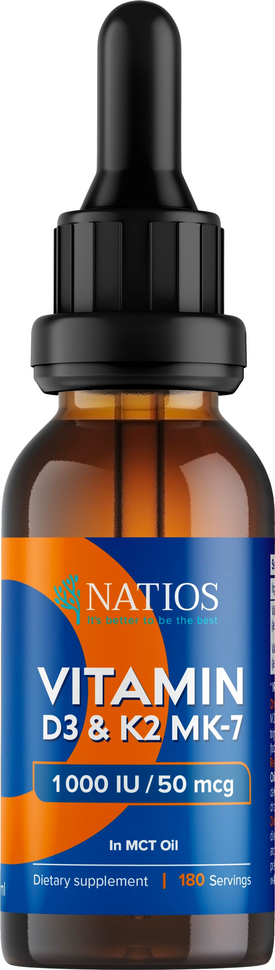 Natios Vegán Vitamín D3 & K2 (MK-7), 1000 IU & 50 mcg, Kvapky v MCT oleji 30 ml