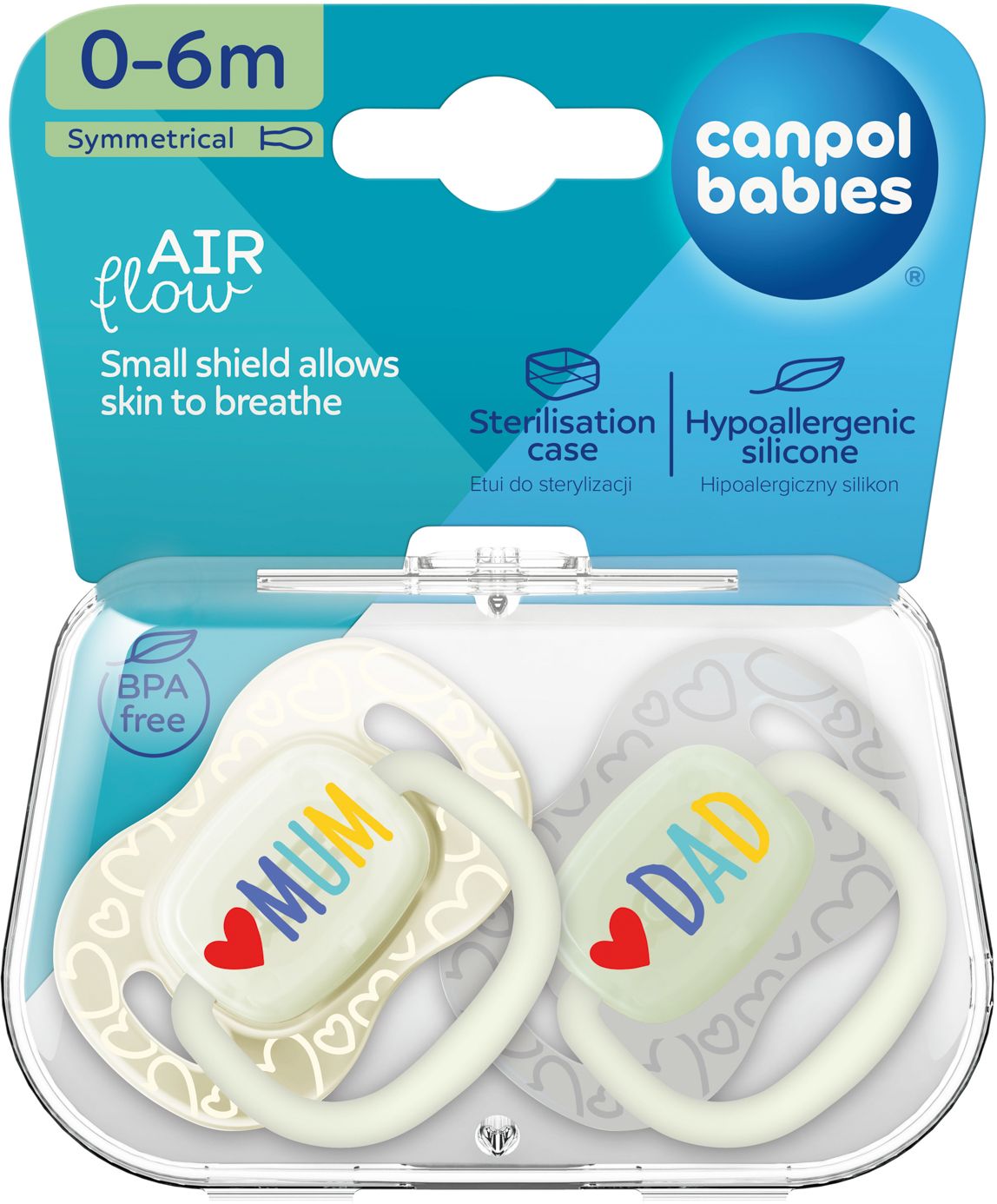 Canpol babies Cumlík svietiaci silikónový simetrický LOVE MUM&DAD 0-6m 2 ks