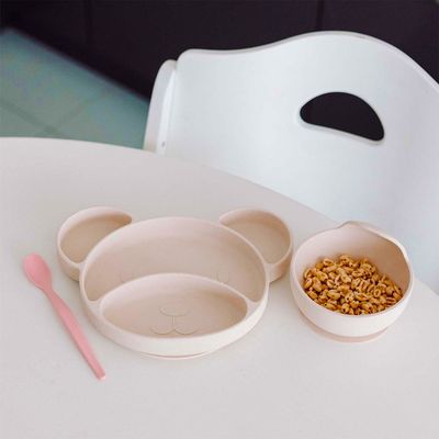 Canpol babies Tanier silikónový delený s prísavkou Medvedík krémový