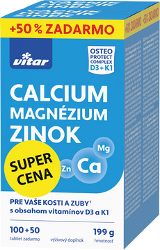 Vitar Calcium + Magnézium + Zinok + vitamíny D3 a K1 150 tabliet